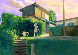 Rule 34 | 2girls, blue skirt, brown hair, cloud, dog, house, multiple girls, pink skirt, skirt