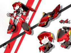 1girl big_firebird_toys bingshan clenched_hands clenched_teeth looking_ahead looking_down magic_henshin motor_vehicle motorcycle multiple_views official_art red_eyes robot scarlet_sonic teeth