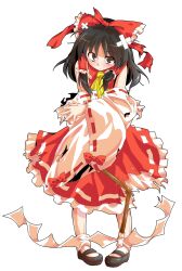 1girl alphes_(style) ascot bandaid black_eyes black_hair black_shoes blush bow broken broken_weapon closed_mouth commentary_request crossed_bandaids dairi defeat detached_sleeves dress full_body gohei hair_bow hair_tubes hakurei_reimu large_variant_set long_sleeves looking_at_viewer parody pigeon-toed red_bow red_dress shoes solo style_parody tachi-e torn_clothes torn_sleeves touhou transparent_background variant_set weapon wide_sleeves