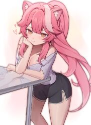 1girl alternate_costume alternate_hairstyle animal_ears arm_rest bare_shoulders black_shorts blush breasts cleavage closed_mouth collarbone commentary english_commentary hand_on_own_face heart high_ponytail highres hololive hololive_english large_breasts leaning_forward long_hair looking_at_viewer multicolored_hair panther_ears panther_girl pink_hair ponytail raora_panthera shirt shorts smile solo streaked_hair szuukie table thighs virtual_youtuber white_background white_shirt