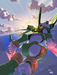 Rule 34 | 1boy, armor, dual wielding, energy sword, from behind, green armor, green helmet, helmet, highres, holding, holding sword, holding weapon, male focus, mechanical wings, mega man (series), mega man zero (series), midair, ocean, omochi (mochi skymega), sage harpuia (mega man), solo, sunrise, sword, weapon, winged helmet, wings