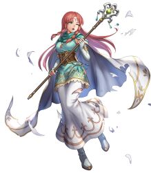 Rule 34 | 1girl, cape, circle, damaged, detached sleeves, dress, fingerless gloves, fire emblem, fire emblem: thracia 776, fire emblem heroes, gloves, gold trim, highres, holding, holding staff, jewelry, linoan (fire emblem), long hair, nintendo, non-web source, official art, one eye closed, open mouth, pendant, pink eyes, pink hair, sidelocks, solo, staff, torn cape, torn clothes, white cape, white dress