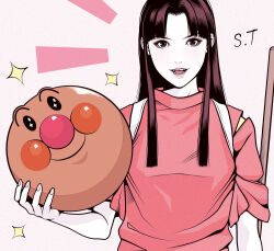 1girl aged_up anpanman anpanman_(character) blunt_sidelocks brown_eyes brown_hair commentary_request eyelashes eyeshadow holding limited_palette long_hair looking_at_viewer makeup ogino_chihiro open_mouth pale_skin pink_lips pink_nails pink_sweater sen_to_chihiro_no_kamikakushi signature smile solo sparkle spot_color sweater takanashi_shin teeth upper_body white_background