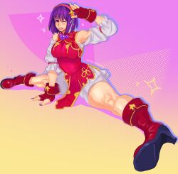 1girl asamiya_athena bike_shorts boots breasts cashumeru curvy dress female_focus flexible gloves gymnastics hairband large_breasts latex leather legs legs_apart looking_at_viewer one_eye_closed pale_skin purple_eyes purple_hair shoes short_hair shorts skirt smile smiley_face split spread_legs star_(symbol) the_king_of_fighters thick_thighs thighs wide_hips wink