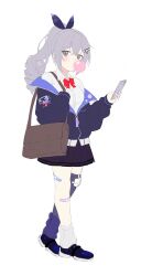 1girl absurdres bag black_jacket black_skirt blowing_bubble_gum blowing_bubbles bow bowtie brown_eyes chewing_gum collared_shirt full_body grey_hair hair_ribbon hands_up highres honkai:_star_rail honkai_(series) jacket long_hair long_sleeves looking_at_viewer off_shoulder pleated_skirt ponytail ribbon school_uniform shirt shoes shoulder_bag silver_wolf_(honkai:_star_rail) simple_background skirt socks solo white_background white_shirt zapik