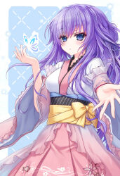 1girl blue_background blue_butterfly blue_eyes blush border bow bug butterfly cherry_blossom_print commentary_request cosplay cowboy_shot floating_hair floral_print floral_print_skirt frilled_kimono frilled_sleeves frills gensou_roukaku glowing_butterfly hair_between_eyes hand_up highres insect japanese_clothes kimono long_hair long_sleeves looking_at_viewer nontraditional_miko open_mouth outside_border outstretched_hand pink_skirt print_skirt purple_hair reaching reaching_towards_viewer simple_background skirt solo sorakado_ai sorakado_ao sorakado_ao_(cosplay) summer_pockets very_long_hair white_border white_kimono wide_sleeves yellow_bow