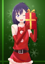 Rule 34 | 1girl, bakasandess, belt, bow, christmas, dot nose, dress, facing viewer, feet out of frame, female focus, gabriel dropout, gift, highres, holding, holding present, medium hair, one eye closed, open mouth, purple eyes, purple hair, santa costume, santa dress, snowflakes, solo, standing, vignette tsukinose april