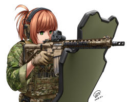 1girl artist_name ballistic_shield brown_gloves brown_hair camouflage dated female_focus flashlight gloves green_eyes gun headset highres holding holding_gun holding_weapon jpc muzzle_device original shield sight_(weapon) solo standing upper_body weapon white_background