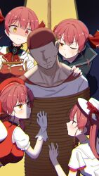 absurdres bandana beret black_serafuku bound bow breasts chromatic_aberration commentary dorianpanda faceless faceless_male flower gloves hat hat_bow hat_flower heterochromia highres hololive houshou_marine large_breasts lipstick_mark o3o one_eye_closed orange_eyes pout puckered_lips puffy_short_sleeves puffy_sleeves red_bandana red_eyes red_flower red_hair red_rose rope rose sailor_collar school_uniform serafuku shaded_face short_sleeves spotlight tied_up_(nonsexual) twintails v-shaped_eyebrows virtual_youtuber white_gloves white_sailor_collar