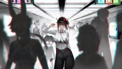 1girl 6+others absurdres adjusting_clothes adjusting_headwear animal_ears arm_behind_back arm_up baseball_cap belt black_pants blurry breasts brown_hair chromatic_aberration closed_mouth collared_shirt contrapposto cowboy_shot crowd crown ears_through_headwear eyewear_hang faceless hair_between_eyes hand_on_headwear hat highres horns horns_through_headwear id_card indoors large_breasts liz_(nin_fake) long_hair long_sleeves looking_at_viewer multiple_others nin_fake original pants people ponytail rabbit_ears red_belt red_eyes shirt shirt_tucked_in smile solo_focus standing sunglasses unworn_eyewear white_shirt