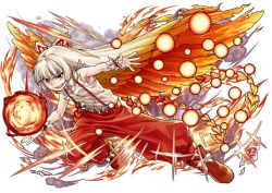 &gt;:d 1girl :d adapted_costume armpits baggy_pants bow danmaku female_focus fire fujiwara_no_mokou full_body hair_bow hair_ribbon hair_wings long_hair looking_at_viewer ofuda open_mouth pants phenne phoenix_wings red_eyes red_pants ribbon shirt silver_hair sleeveless smile solo suspenders touhou v-shaped_eyebrows white_background white_shirt wrist_cuffs