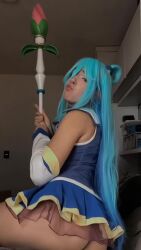Rule 34 | 1girl, animated, aqua (konosuba), aqua (konosuba) (cosplay), ass, audible music, bare shoulders, blue hair, boots, brazilian (nationality), cosplay, female focus, high heel boots, high heels, indoors, interior, kono subarashii sekai ni shukufuku wo!, long hair, looking at another, looking at viewer, lowres, music, nerokosplayer, photo (medium), real life, skirt, solo, sound, tagme, teeth, thighhighs, video, white thighhighs