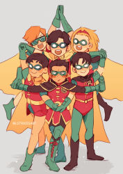 2girls 4boys :d artist_name batman_(series) black_boots black_hair blonde_hair boots cape carrie_kelley child damian_wayne dc_comics dick_grayson domino_mask full_body gloves green_boots green_gloves green_leggings jason_todd leggings leotard lightningstrikes mask meme multiple_boys multiple_girls open_mouth photo-referenced red_leotard robin_(dc) simple_background smile stephanie_brown superhero_costume tim_drake twitter_username yellow_cape