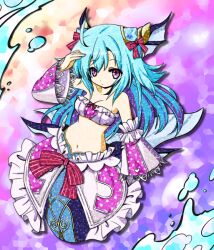 1girl ahoge akino_sakura bare_shoulders blue_hair breasts cleavage emil_chronicle_online frilled_skirt frilled_sleeves frills hair_ornament horns lorelei_lore medium_breasts mermaid monster_girl navel pink_sleeves purple_eyes red_ribbon ribbon skirt splatter