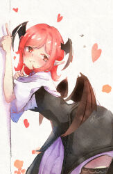 Rule 34 | 1girl, against wall, artist name, black dress, black thighhighs, blush, breasts, closed mouth, commentary request, cowboy shot, demon girl, demon wings, dress, fang, flying sweatdrops, hands up, head wings, heart, highres, koakuma, layered dress, leaning forward, looking at viewer, medium hair, multiple wings, nose blush, nywerya, pointy ears, red eyes, red hair, short sleeves, signature, small breasts, solo, sweat, thighhighs, touhou, very sweaty, white background, white dress, wings