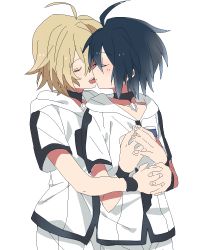 10s 2boys bad_id bad_pixiv_id black_hair blonde_hair camelot closed_eyes hug hug_from_behind hyakuya_mikaela hyakuya_yuuichirou kiss male_focus multiple_boys owari_no_seraph short_hair yaoi