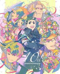 4girls 5girls 6+boys :d ace_attorney anniversary armband barok_van_zieks black_eyes black_hair blonde_hair blue_eyes brown_hair capcom cape chuunosuke_(ace_attorney) closed_mouth confetti dog facial_hair gina_lestrade gloves goggles goggles_on_headwear grey_hair hair_rings hat headband herlock_sholmes highres holding holding_umbrella iris_wilson jacket japanese_clothes katana kazuma_asogi kimono long_hair long_sleeves looking_at_viewer male_focus maria_gorey multiple_boys multiple_girls mustache nyasogi open_mouth red_eyes red_headband rei_membami ryunosuke_naruhodo satoru_hosonaga scar scar_on_face shino_(shino_dgs) short_hair smile soseki_natsume susato_mikotoba sword the_great_ace_attorney tobias_gregson toby_(ace_attorney) umbrella usato_(ace_attorney) wagahai_(ace_attorney) weapon yujin_mikotoba