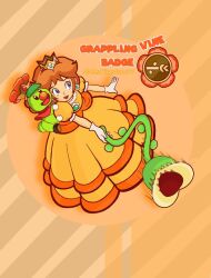1boy 1girl blue_eyes breasts brown_hair crown dress earrings flower_earrings full_body gloves grin jewelry mario_(series) nintendo open_mouth orange_dress plant prince_florian princess_daisy puffy_short_sleeves puffy_sleeves short_sleeves smile standing super_mario_bros._wonder vine_(mario) vine_whip