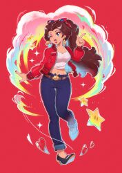 1girl belt blue_eyes blue_pants breasts brown_hair cleavage crop_top cropped_shirt denim earrings eyeshadow eyewear_on_head gold_earrings high_heels highres jacket jewelry lipstick long_hair looking_at_viewer makeup mario_(series) mario_kart mario_kart_world midriff navel nintendo one_eye_closed open_clothes open_jacket pants pauline_(mario) red_jacket red_lips saiwo_(saiwoproject) shirt smile solo star_(symbol) sunglasses white_shirt