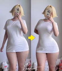 1girl ahoge alternate_costume arm_at_side arm_behind_back artist_name blonde_hair bottomless braclet breasts character_doll collarbone colored_inner_hair commentary comparison contrapposto cosplay cosplay_photo covered_erect_nipples covered_face cowboy_shot doll elegg_(nikke) elegg_(nikke)_(cosplay) english_commentary female_focus goddess_of_victory:_nikke head_tilt highres holding holding_phone indoors medium_breasts multicolored_hair naked_shirt nikku_nana no_bra peachuu244 phone photo_(medium) real_life selfie shirt short_hair split_screen standing t-shirt thick_thighs thighs white_shirt wide_hips