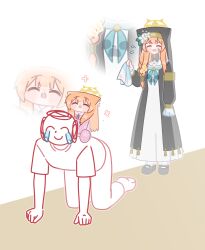 1boy 2girls absurdres all_fours animal_ear_fluff animal_ears black_coif black_shoes blue_archive blunt_bangs braid closed_eyes crying doodle_sensei_(blue_archive) dress dual_persona flower flying_sweatdrops halo handkerchief hat hat_flower highres holding holding_handkerchief horuhara long_hair long_sleeves mari_(blue_archive) multiple_girls neckerchief no_nose open_mouth orange_hair pajamas pants paw_print pink_pajamas pink_slippers polka_dot polka_dot_pajamas puffy_long_sleeves puffy_sleeves sensei_(blue_archive) shirt shoes sitting sitting_on_person slippers standing streaming_tears tears white_flower yellow_halo