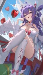 Rule 34 | 1girl, absurdres, ahoge, balloon, bare shoulders, box, breasts, choker, cleavage, commission, criss-cross halter, crop top, crossed legs, detached sleeves, feathered wings, gift, gift box, hair ribbon, hair rings, halterneck, hand up, heart balloon, highres, horns, kneehighs, large breasts, long hair, looking at viewer, midriff, mole, mole under mouth, no shoes, open mouth, original, pointy ears, purple eyes, purple hair, rega, ribbon, shirt, sitting, sleeveless, sleeveless shirt, smile, socks, solo, spaghetti strap, thighs, tongue, tongue out, very long hair, white choker, white shirt, white socks, wings