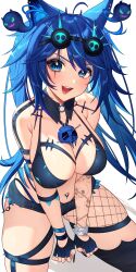 Rule 34 | 1girl, absurdres, ahoge, animal ear fluff, animal ears, arm tattoo, bikini, black bikini, black collar, black gloves, black nails, black shorts, black thighhighs, blue eyes, blue hair, breasts, cleavage, collar, dog ears, dog girl, fingerless gloves, fishnets, gloves, highres, indie virtual youtuber, large breasts, lip piercing, long hair, navel piercing, o-ring, o t o (3u9c6), open mouth, piercing, scar, scar across eye, scar on face, short shorts, shorts, single thighhigh, skull tattoo, smile, solo, spite (vtuber), swimsuit, tattoo, thighhighs, virtual youtuber, white background