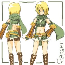 1girl blonde_hair blue_eyes boots breasts brown_boots character_name closed_mouth commentary_request crop_top expressionless feet_out_of_frame fingerless_gloves gloves green_gloves green_scarf green_shirt koyuki.a looking_at_viewer lowres midriff multiple_views navel ragnarok_online ranger_(ragnarok_online) scarf shirt short_hair sleeveless sleeveless_shirt small_breasts standing white_background