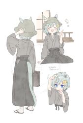 Rule 34 | 1girl, :d, animal ears, arm up, black hakama, blue eyes, blush, closed eyes, commentary request, cropped torso, dated, ears through headwear, flower, grey hair, grey hat, grey kimono, hair between eyes, hair flower, hair ornament, hairclip, hakama, hakama skirt, hand on headwear, hand up, hat, horse ears, horse girl, horse tail, index finger raised, japanese clothes, kimono, koruri, long sleeves, multiple views, notice lines, open mouth, paw pose, seiun sky (umamusume), sitting, skirt, smile, standing, suitcase, tail, twitter username, umamusume, white background, wide sleeves, yellow flower