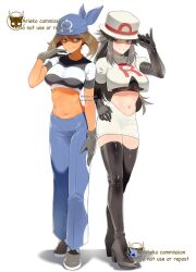 2girls ariekochan bandana black_boots black_gloves blue_bandana blue_eyes blue_pants blush boots breasts brown_eyes brown_hair closed_mouth cosplay crop_top elbow_gloves gloves hat jessie_(pokemon) jessie_(pokemon)_(cosplay) leaf_(pokemon) long_hair looking_at_viewer may_(pokemon) midriff multiple_girls navel nintendo pants pokemon pokemon_(anime) pokemon_frlg pokemon_rse shirt skirt smile stomach striped_clothes team_aqua team_aqua_grunt team_aqua_grunt_(cosplay) team_aqua_uniform team_rocket team_rocket_uniform thigh_boots