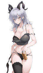 Rule 34 | 1girl, absurdres, bare shoulders, black bra, black horns, black panties, black thighhighs, bra, bra peek, breasts, camisole, can, cleavage, collarbone, commentary, cowboy shot, curled horns, double strap slip, drink can, grey camisole, grey hair, hair between eyes, highres, holding, holding can, holding unworn clothes, horns, large breasts, light blush, long hair, looking at viewer, luya (luyachan), navel, no pants, panties, parted lips, red eyes, simple background, single thighhigh, solo, stomach, thighhighs, thighs, underwear, white background, wuthering waves, zani (wuthering waves)