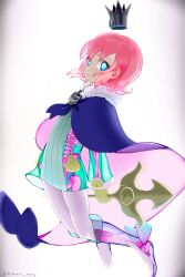 1boy absurdres arms_behind_back artist_name blue_eyes cape commentary crown fins floating fur-trimmed_cape fur_trim highres holding holding_polearm holding_weapon looking_at_viewer male_focus mittens motimoti_mgmg ocean_prince official_alternate_costume pantyhose parted_lips pink_cape pink_hair polearm purple_cape puyopuyo puyopuyo_quest salde_canarl_shellbrick_iii salde_canarl_shellbrick_iii_(king) scallop seashell see-through_body see-through_clothes see-through_footwear shell skeleton solo trident twitter_username two-sided_cape two-sided_fabric weapon white_background white_pantyhose yellow_mittens