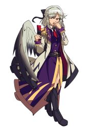 absurdres angel_wings ascot belt black_boots black_bow boots bow cellphone coat covering_own_mouth flip_phone hair_bow hair_ornament hairpin hand_over_own_mouth high_heel_boots high_heels highres holding holding_phone jongk_ok kishin_sagume medium_hair overcoat phone red_ascot red_eyes redesign single_wing touhou transparent_background white_hair wings