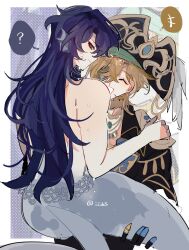 2boys ? alternate_hair_length alternate_hairstyle artist_name aventurine_(honkai:_star_rail) black_jacket blonde_hair blue_hair carrying carrying_person chinese_commentary closed_eyes commentary_request dr._ratio_(honkai:_star_rail) eyeliner eyepatch fins hat head_fins highres honkai:_star_rail honkai_(series) jacket long_hair makeup male_focus merman monster_boy multiple_boys one_eye_covered open_mouth pirate_hat red_eyeliner red_eyes sanshuiyushan smile spoken_+++ spoken_question_mark very_long_hair