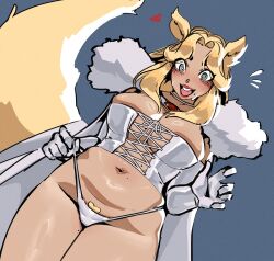 1girl animal_ears ban1-ban1 blush breasts corset cosplay emma_frost gloves highres looking_at_viewer marvel marvel_rivals panties solo squirrel_ears squirrel_girl squirrel_girl_(marvel) squirrel_tail tail thighs underwear x-men