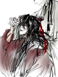 Rule 34 | 2boys, bags under eyes, bandaged hand, bandaged neck, bandages, black hair, black hanfu, blood, blood on arm, blood on face, blood on hands, blood on neck, bloody bandages, chinese clothes, chinese commentary, coat, dao gui yi xian, faux traditional media, hair bun, hair ribbon, half updo, hand on another&#039;s shoulder, hanfu, head out of frame, highres, holding hands, injury, ink wash painting, li huowang, limited palette, long hair, looking up, male focus, multiple boys, red coat, red eyes, red ribbon, ribbon, robe, scar, scar on arm, scar on neck, single hair bun, smile, white background, white hanfu, yaoi, zhenyuee, zhuge yuan