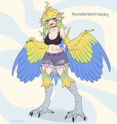 1girl absurdres bare_shoulders bird_legs black_choker blonde_hair blue_hair breasts choker cleavage commentary commission cutoffs denim denim_shorts english_commentary ev_v1l facial_mark feathered_wings feathers green_hair harpy highres lightning_bolt_choker looking_at_viewer medium_breasts monster_girl monster_girl_encyclopedia multicolored_hair navel open_mouth shorts solo tail talons thunderbird_(monster_girl_encyclopedia) two-tone_wings winged_arms wings yellow_feathers yellow_wings