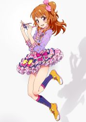 10s 1girl aikatsu! aikatsu!_(series) bow breasts brown_hair covered_erect_nipples female_focus full_body glasses highres legs long_hair looking_at_viewer mebae no_panties ozora_akari pink_bow red_eyes shadow shirt shoes silhouette simple_background skirt small_breasts smile socks solo