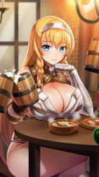 1girl alcohol armor armored_boots beer beer_mug bikini_armor blonde_hair blue_eyes boots bowl braid breast_rest breasts breasts_on_table cleavage closed_mouth crossed_legs cup food gauntlets hairband head_rest highres holding indoors large_breasts leina_(queen&#039;s_blade) leina_(queen&#039;s_blade_unlimited) long_hair looking_at_viewer mug official_art on_chair pelvic_curtain queen&#039;s_blade queen&#039;s_blade_unlimited queen&#039;s_blade_white_triangle side_braid sitting smile soup table twin_braids window