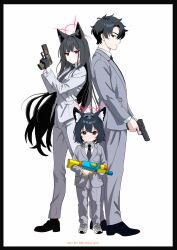 1boy 2girls absurdres animal_ear_fluff animal_ears black_hair black_necktie black_shoes blue_archive blush brown_eyes closed_mouth father_and_daughter fox_ears fox_girl grey_jacket grey_pants grey_shirt gun handgun highres holding holding_gun holding_water_gun holding_weapon jacket long_hair looking_at_viewer medium_hair melissa_v2 mother_and_daughter multiple_girls necktie pants red_eyes sensei_(blue_archive) shirt shoes short_hair sidelocks very_long_hair water_gun weapon white_shirt yukino_(blue_archive)