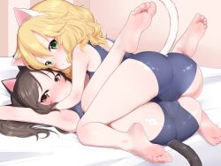 2girls :o absurdres animal_ear_hairband animal_ears arm_up armpits barefoot bed_sheet blonde_hair blue_one-piece_swimsuit blush breasts brown_eyes brown_hair cat_ears cat_tail closed_mouth clothing_cutout commentary_request covered_erect_nipples fake_animal_ears fake_tail feet folded girl_on_top goki_buri green_eyes hairband highres human_stacking idolmaster idolmaster_cinderella_girls idolmaster_cinderella_girls_u149 legs_up loli long_hair looking_at_viewer lying medium_hair multiple_girls on_back one-piece_swimsuit open_mouth sakurai_momoka school_swimsuit small_breasts soles swimsuit tachibana_arisu tail tail_through_clothes toes