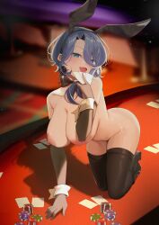 1girl absurdres animal_ear_hairband animal_ears black_shoes black_thighhighs blue_eyes blurry blurry_background blush breasts collarbone commentary earrings elbow_gloves english_commentary fake_animal_ears gleam gloves grey_hair hairband highres jewelry kebohan kneeling large_breasts leotard long_hair naked_bowtie nipples nude on_table open_mouth phase_connect playboy_bunny poker_chip rabbit_ear_hairband rabbit_ears second-party_source shadow shisui_michiru_(phase_connect) shoes solo table thighhighs virtual_youtuber white_wrist_cuffs wrist_cuffs