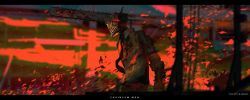 1boy black_necktie blood blood_on_clothes bloody_weapon chainsaw chainsaw_man collared_shirt copyright_name denji_(chainsaw_man) facing_to_the_side fire highres hybrid letterboxed necktie open_mouth otsumami_(bu-bu-heaven) sharp_teeth shirt solo teeth twitter_username weapon white_shirt