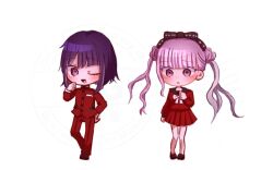 1boy 1girl brother_and_sister chibi full_body highres long_hair looking_at_viewer matching_hair/eyes matching_outfits one_eye_closed pink_eyes pink_hair purple_hair siblings simple_background standing the_hundred_line_-last_defense_academy- tsukumo_ima tsukumo_kako twins twintails white_background wink
