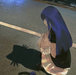1girl absurdres cat_shadow_puppet_(meme) commentary different_shadow dress english_commentary frederica_bernkastel highres long_hair looking_at_viewer middle_w photo-referenced purple_eyes purple_hair road shadow shadow_puppet solo squatting umineko_no_naku_koro_ni w yuishironeko
