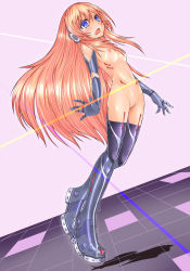 1girl android blue_eyes blush breasts female_focus headset highres long_hair nipples orange_hair pussy robot rokko-chan rokko-chan_(character) solo takiteru tears uncensored