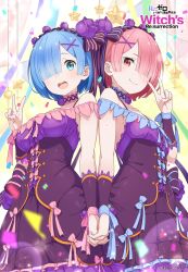 2girls :d armpit_crease artist_request back-to-back bare_shoulders blue_bow blue_choker blue_eyes blue_hair bob_cut bow bow_hairband breasts choker closed_mouth confetti copyright_name copyright_notice dress dress_bow flower frilled_dress frills from_below hair_flower hair_ornament hair_over_one_eye hairband hand_up highres holding_hands interlocked_fingers light_blush looking_at_viewer medium_breasts multiple_girls off-shoulder_dress off_shoulder official_art open_mouth pink_bow pink_choker pink_hair purple_dress purple_flower ram_(re:zero) re:zero_kara_hajimeru_isekai_seikatsu re:zero_kara_hajimeru_isekai_seikatsu_witch&#039;s_re:surrection red_eyes rem_(re:zero) short_dress short_hair siblings sisters small_breasts smile spaghetti_strap standing too_many_bows twins upper_body v wrist_bow x_hair_ornament