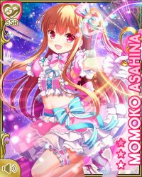1girl asahina_momoko blue_bow bow brown_hair card_(medium) character_name dress girlfriend_(kari) gloves hair_bow hair_ribbon jumping magic magical_girl official_art one_side_up open_mouth outdoors pink_bow pink_dress purple_background qp:flapper red_eyes ribbon side_ponytail smile solo space striped_bow wand white_gloves
