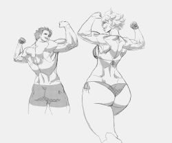 Rule 34 | 1boy, 1girl, absurdres, ass, bikini, black clover, flexing, greyscale, highres, limn044, mereoleona vermillion, monochrome, muscular, muscular female, muscular male, screentones, short hair, shorts, spiked hair, swimsuit, yami sukehiro