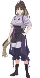 1girl anime_coloring black_eyes black_hair boots breasts clenched_hands closed_mouth collarbone full_body hakama hand_on_own_hip high_ponytail japanese_clothes jinguuji_airi kimono large_breasts long_hair long_sleeves looking_at_viewer mob_kara_hajimaru_tansaku_eiyuutan ponytail simple_background sleeves_pushed_up smile solo standing very_long_hair yasuda_shouko